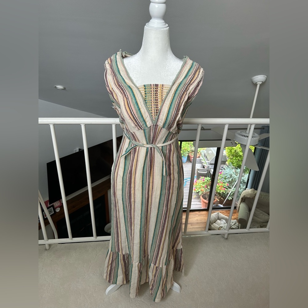 April Cornell Striped Maxi Dress Buttons Cottage Core Waist Tie Vintage Inspired
